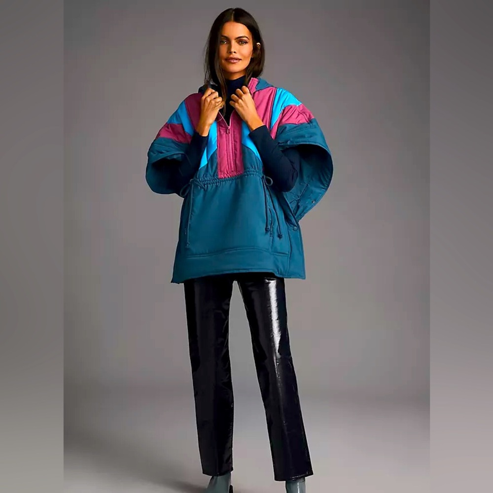Daily Practice Puffer Poncho Size M/L Colorblock Hooded Oversized Retro, VGUC